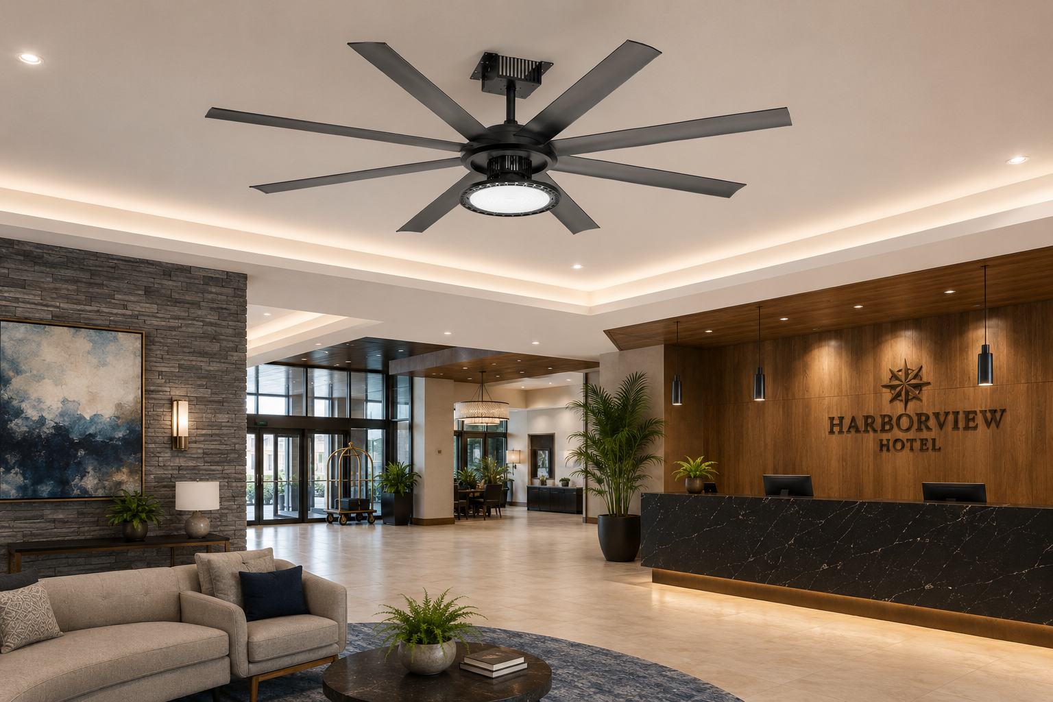 A large and modern black ceiling fan with a central light fixture installed on the ceiling of a luxury hotel lobby. The lobby features a wood reception desk with the 'HARBORVIEW HOTEL' logo, a stone accent wall, and a beige sofa in the foreground.